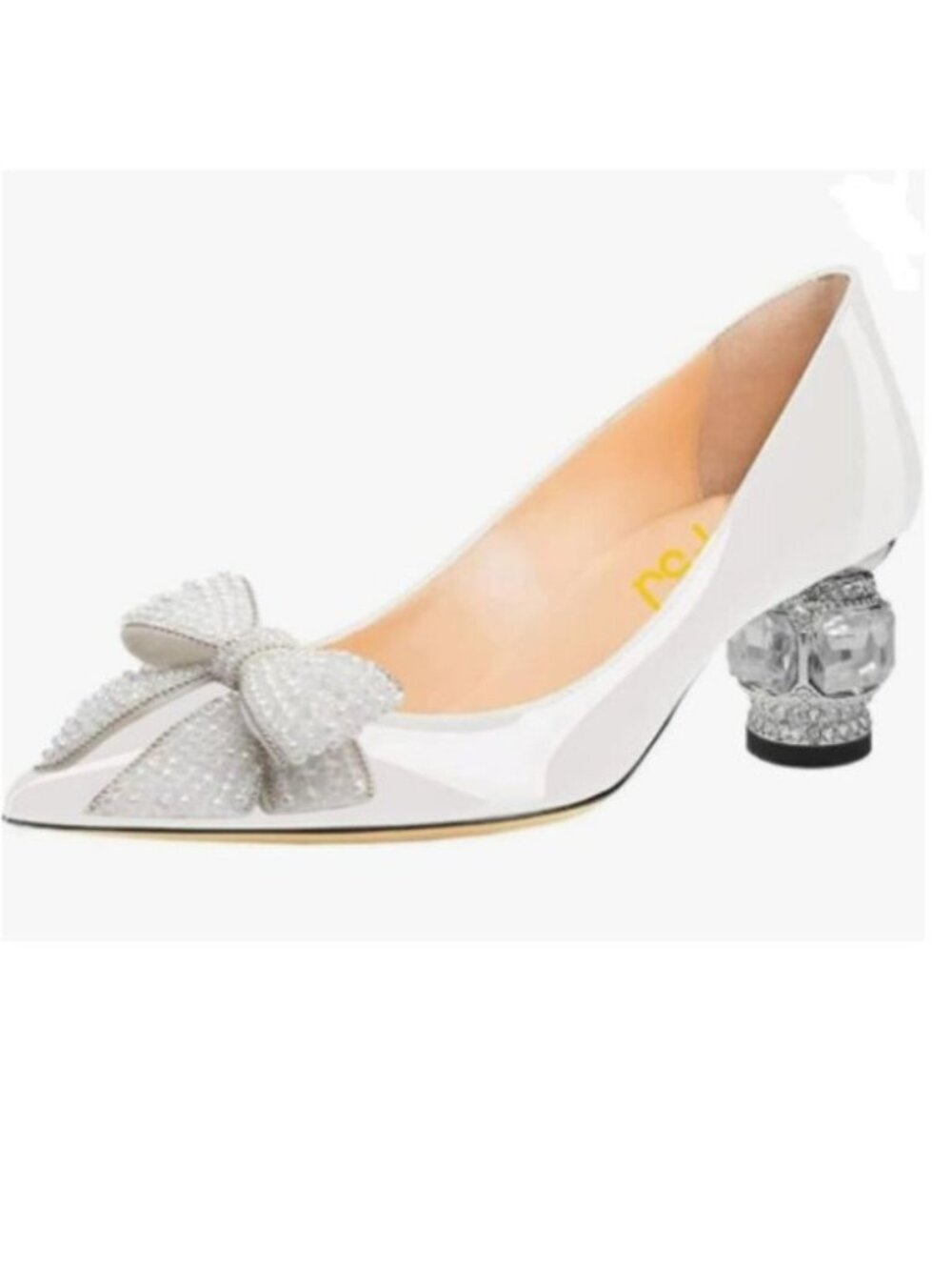 FSJ White Pointed Toe Crystal Pump Rhinestone Bow Block Low Heel Slip On Shoes